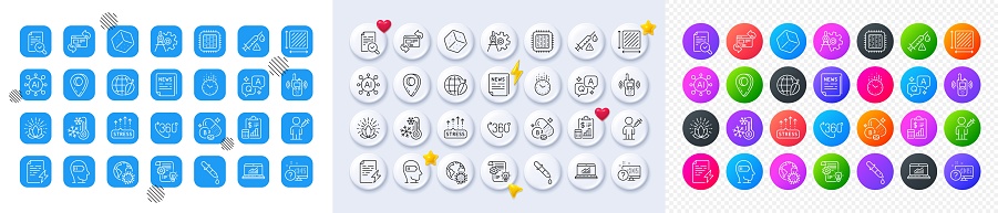 Fake news, Vaccine attention and Lotus line icons. Square, Gradient, Pin 3d buttons. AI, QA and map pin icons. Pack of Square area, Weariness, Online quiz icon. Vector