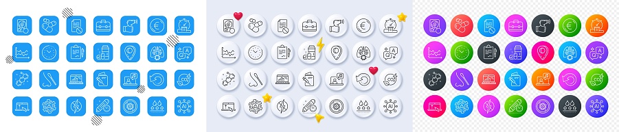 Timer, Recovery data and Waterproof line icons. Square, Gradient, Pin 3d buttons. AI, QA and map pin icons. Pack of Clipboard, Vaccination passport, Diagram chart icon. Vector