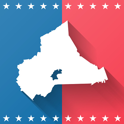 Map of Wise County - Virginia, on a blue and red colored background. The blue color represents the Democratic Party and the red color represents the Republican Party. White stars are placed above and below the map. Vector Illustration (EPS file, well layered and grouped). Easy to edit, manipulate, resize or colorize. Vector and Jpeg file of different sizes.