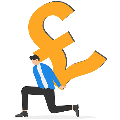 Working hard for money, effort to earn more salary or investment profit, tax burden or financial problem and difficulty concept, overworked businessman drag big GBP sign money back from work.