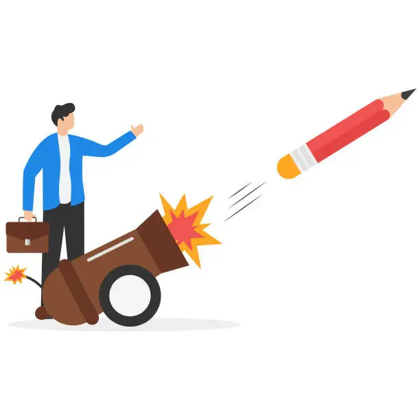 Vector illustration of Launch new creativity idea, boost inspiration and challenge, start writing blog, storytelling or create brand concept, motivated creative businessman launch new idea by shooting pencil cannon into the sky.