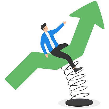 Riding market up trend, risk and uncertainty, stock market or cryptocurrency volatility, price movement, risk management concept, businessman investor or trader riding volatile rising up arrow rodeo.