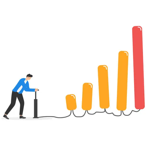 Vector illustration of Businessman pumps up a balloon of a growth in indicators floats higher. Financial and economic growth. Vector illustration.