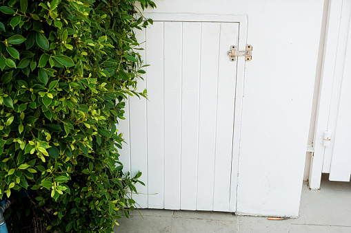 Picture of a white wooden door with a small opening for putting garbage in black bags to be thrown away in the front door of the house.