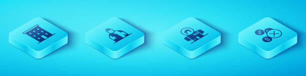 istock Set Isometric Multi storey building, Homeless, No money and cardboard house icon. Vector 2134958994