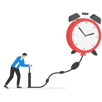 Businessman pumps up a balloon of a clock sign. 24-7 support service, working hours. Flat vector illustration.