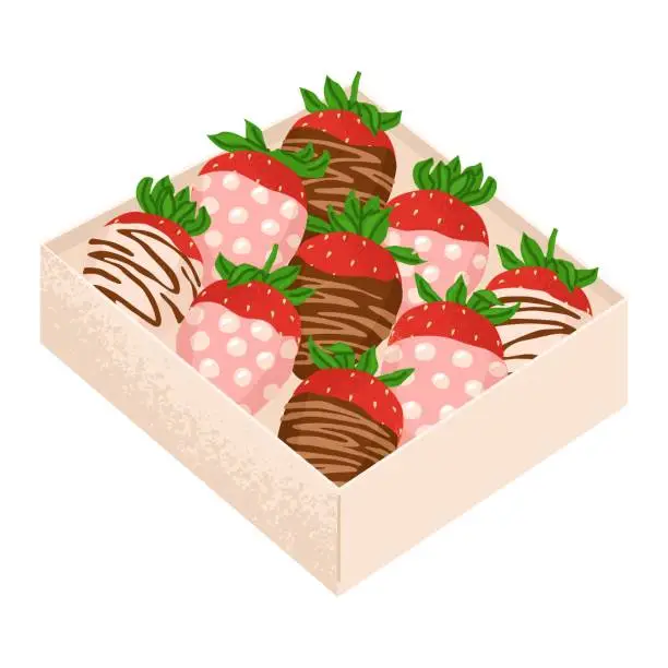 Vector illustration of A set of ripe strawberries covered with chocolate glaze in a box. Gift for Valentine's Day and romantic date. Vector illustration in naturalistic style.
