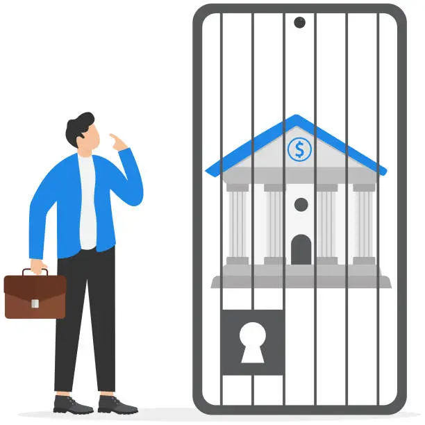 Vector illustration of Businessman look at bank building locked inside screen smartphone. Financial sanction disconnect from SWIFT international money transfer. Flat vector illustration.