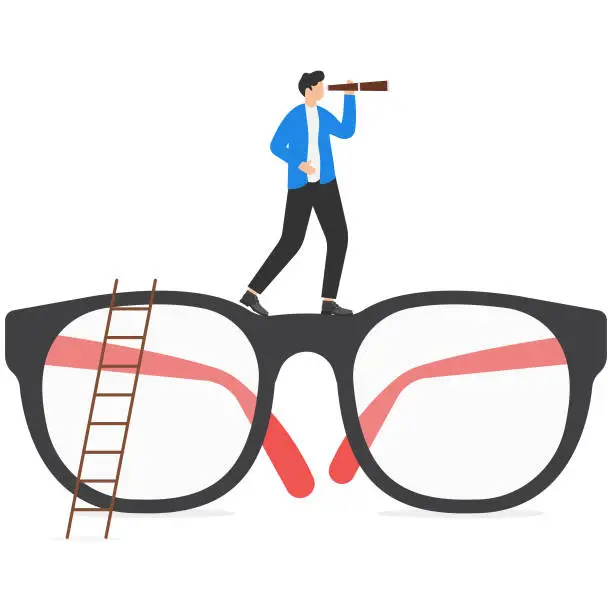 Vector illustration of Businessman climb up big eyeglasses see vision on binoculars. Clear business vision, discover way to success or looking for business opportunity. Vector illustration.