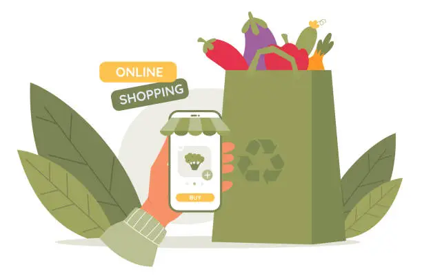 Vector illustration of Online shopping concept. Hand with phone with online store. Paper bag full of organic vegetables