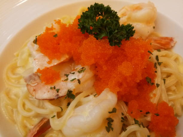 Spaghetti Carbonara with shrimp and shrimp roe