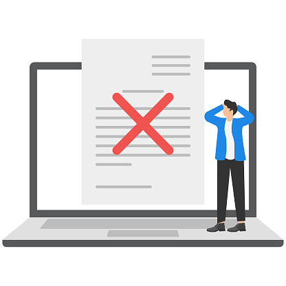 Confused businessman. Bad survey score on laptop, internet failure idea. Failed online test. Flat modern vector illustration