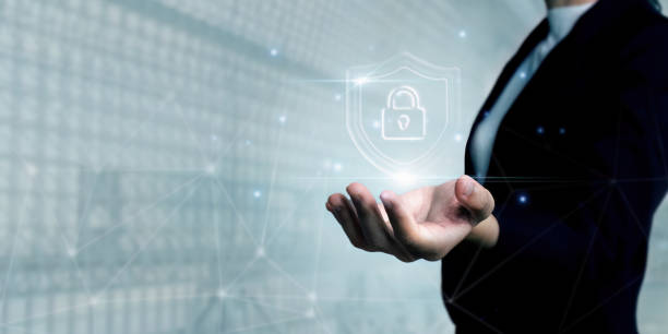 istock Business woman with security with padlock in hand on global networking connection 2134993060
