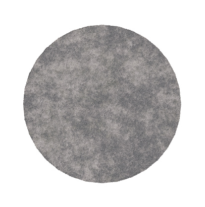 Modern, gray round carpet, top view. Rug isolated on white background. Cut out home decor. Contemporary, loft style. Flat lay, floor plan. 3D rendering