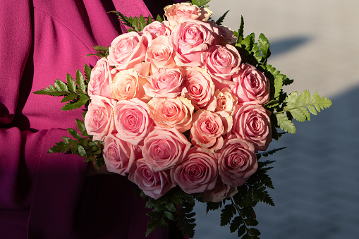 a luxurious bouquet of pink roses set against rich fuchsia fabric, evoking a sense of romance and celebration