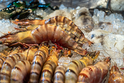 Fresh shrimps and seafood on ice at fresh market in Asia