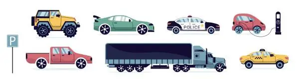 Vector illustration of A set of modern cars. Taxi, City cars in a flat style. for the Internet, print, banner, card. vector art illustration.