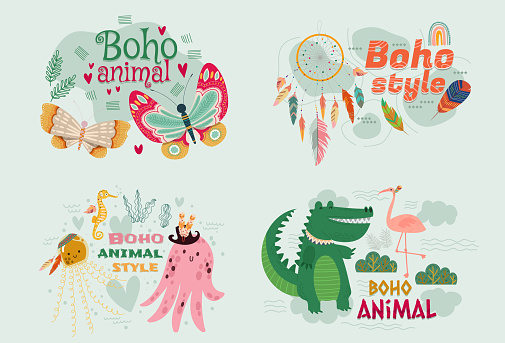Set of cute animals cartoon in boho style ,doodle pets collection