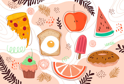 Set of Cute cartoon food background. Boho style with decorative elements