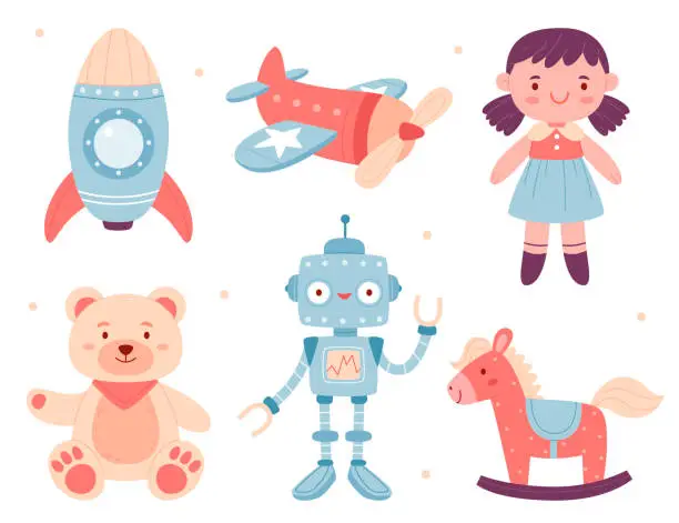 Vector illustration of Set of kid plush and plastic toys in pleasant colors.Rocket, airplane, doll, bear, robot, rocking horse