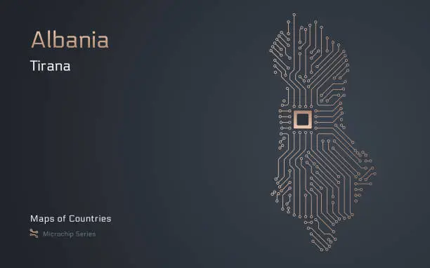 Vector illustration of Albania Map with a capital of Tirana City Shown in a Microchip Pattern with processor. E-government.