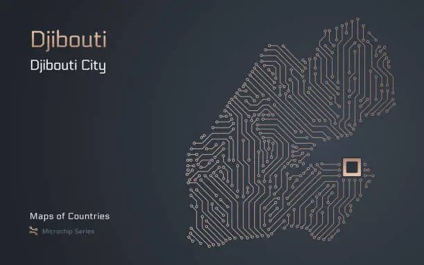 Vector illustration of Djibouti Map with a capital of Djibouti City Shown in a Microchip Pattern with processor.