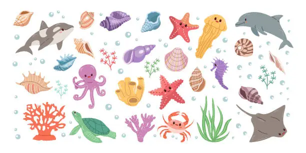 Vector illustration of Sea animals. Hand-drawn sea life creatures and elements. Vector doodle cartoon set of marine life objects. Flat illustration on white background. Collection for stickers.