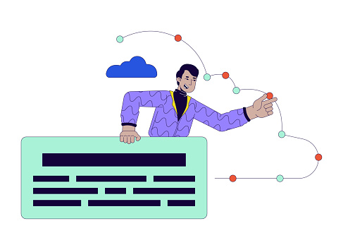 Male analyst cloud computing 2D linear cartoon character. Digital administrator indian man isolated line vector person white background. Managing cloud infrastructure color flat spot illustration