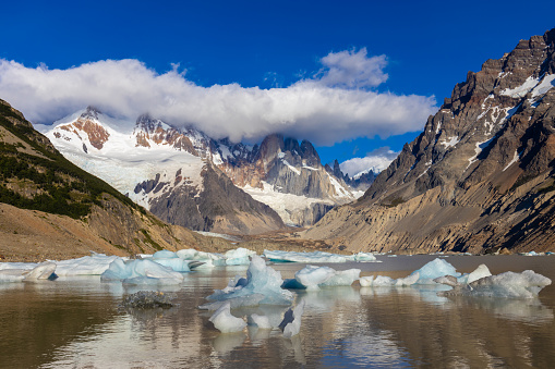 Patagonia mountain landscape in El Chalten, Cerro Torre, Laguna Torre with iceberg in Argentina. Beautiful patagonian mountains, Fitz Roy