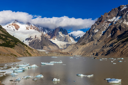 Patagonia mountain landscape in El Chalten, Cerro Torre, Laguna Torre with iceberg in Argentina. Beautiful patagonian mountains, Fitz Roy