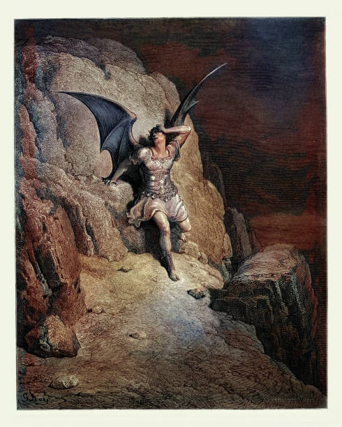 Vintage engraving by Gustave Dore, from Milton's Paradise Lost. Me miserable ! which why shall I fly. Infinite wrath, and infinite despair ? Book IV, line 73, 74