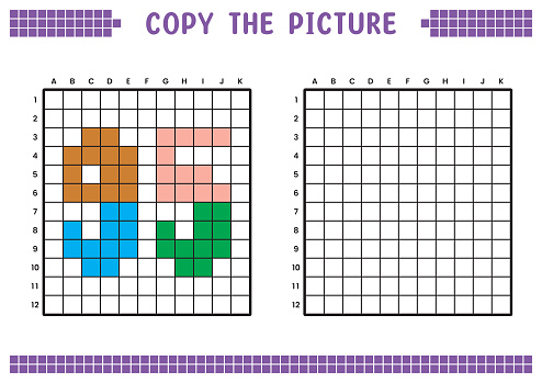 Copy the picture, complete the grid image. Educational worksheets drawing with squares, coloring cell areas. Preschool activities, children's games. Cartoon vector illustration, pixel art. Number 95.