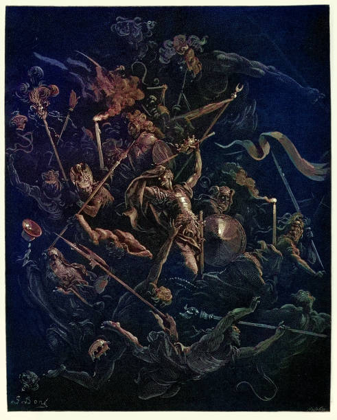 Warrior king surrounded by ghosts and demons, Milton's Paradise Lost, Gustave Dore Vintage engraving by Gustave Dore, from Milton's Paradise Lost. And many more to long, Embryos and Idiots, eremites and friars. Book III, lines 473 - 474 fine art image pictures stock illustrations