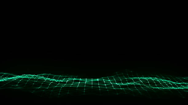 istock Abstract wave with green light on black background. Science background with moving dots. Network connection technology. Digital structure with particles. 3d rendering. 2135062488