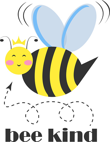 Flat illustration bee princess character with coronet and typography Bee Kind isolated on transparent background