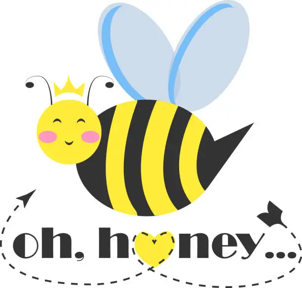 Vector illustration of Happy bee princess character with tiara and typography Oh Honey