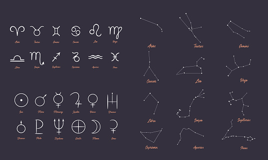 Alchemical signs of the planets. Set of zoliak signs. Pictograms of planets. Astronomy. Astrology. Set of vector characters.