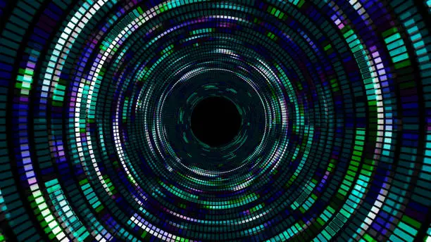Vector illustration of Abstract digital background. Big data visualization. Circular rotations of a fantastic circle of colorful particles, beautiful colored spiral, elegant particles background. Lens. 3D vector illustration.