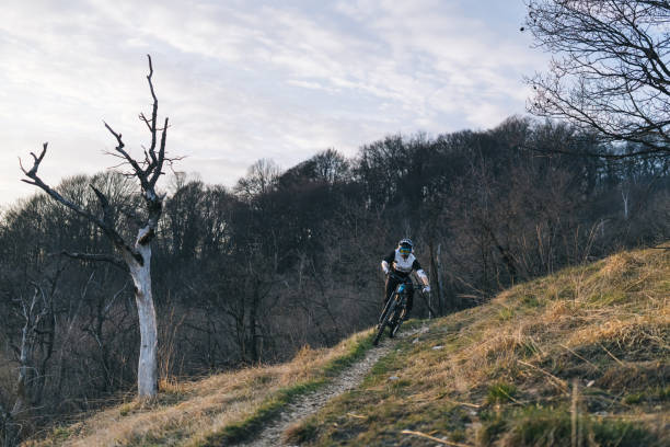 A man rides his modern, full-suspension, electric mountain bike down a singletrack trail in the Rocky Mountains of Alberta, Canada, on a sunny day. He wears cycling clothing, a backpack, and a bicycle helmet.