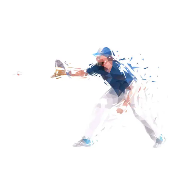 Vector illustration of Baseball player catching ball, isolated low poly vector illustration, side view