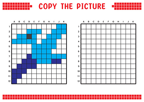 Copy the picture, complete the grid image. Educational worksheets drawing with squares. Preschool coloring activities, children's games. Pixel cartoon, vector illustration. Dinosaur, Blue Pteranodon.
