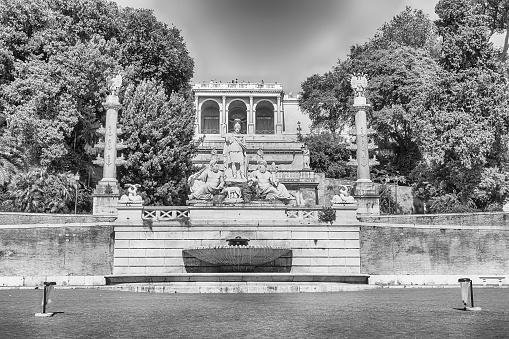 The classical Fontana del Nettuno, monumental fountain located in the Piazza del Popolo in Rome, Italy