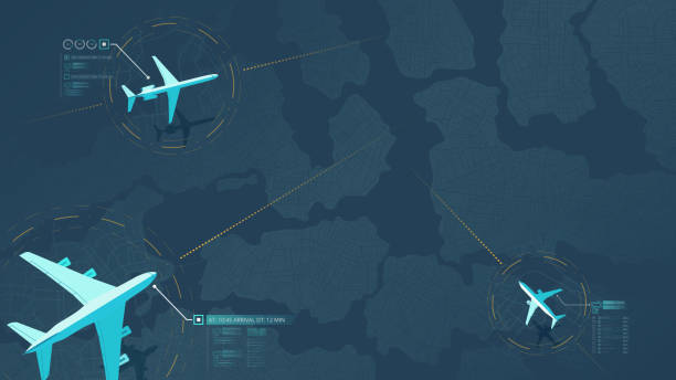 istock Flight status. Track airplanes flight route data, air traffic. Top view of airplane flying above city map. Plane journey over modern megapolis city residential district. Vector illustration 2135100513