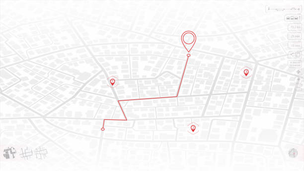 Route on the map. City street map with various points of interest. GPS tracking system to navigate and find way around the city landmarks, directions to different locations. Vector illustration Detailed city street map with various points of interest. GPS tracking system help people navigate and find their way around the city landmarks, directions to different locations. Vector illustration. interactive navigation icons stock illustrations