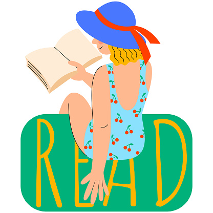 A woman in a swimsuit and hat is reading a book. Read books lover. Relaxing time to reading.