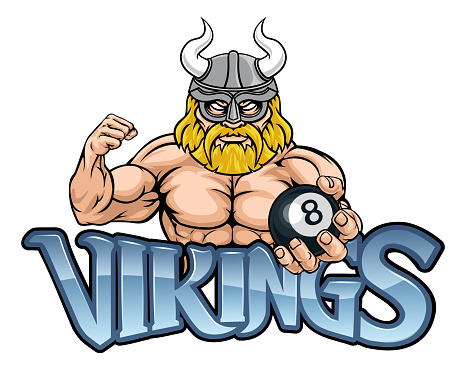 A viking angry mean pool billiards mascot cartoon character holding a black 8 ball.