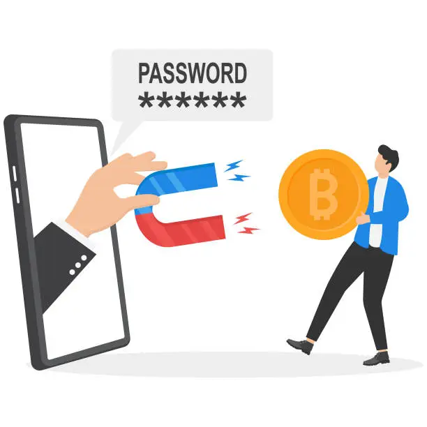Vector illustration of Use passwords to steal bitcoin from mobile phones. Modern vector illustration in flat style.