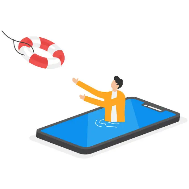 Vector illustration of Hopeless businessman drowning in smartphone try to grab lifebuoy from safe guard. Help in crisis, life saver, business support, security aid to solve problem. Flat vector illustration.