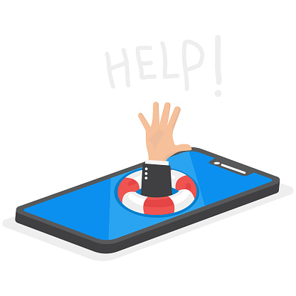 Drowning businessman receives a lifebuoy in his arm against the smartphone addictions. Business helper survival business helper survival. Flat vector illustration.