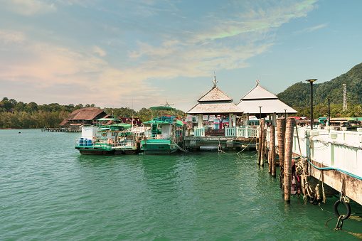 Boats anchored in the gulf of a fishing village at Bang Bao Pier